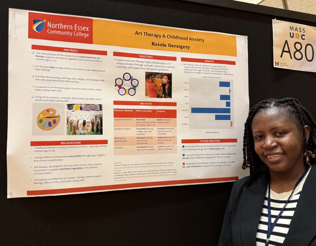 Keiola Geraigery stands next to her research poster