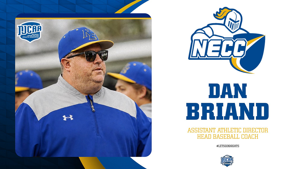 graphic of dan wearing a blue hat and windbreaker with text saying "Dan Briand, NECC assistant atheltics director and head baseball coach"