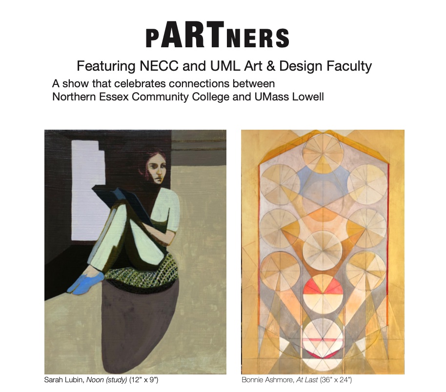 side by side works of art, one of a woman sitting reading a book. the other is an abstract featuring circles and lines in earth tones