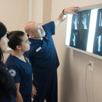 instructor stands pointing at an xray of a hand while students in scrubs look on
