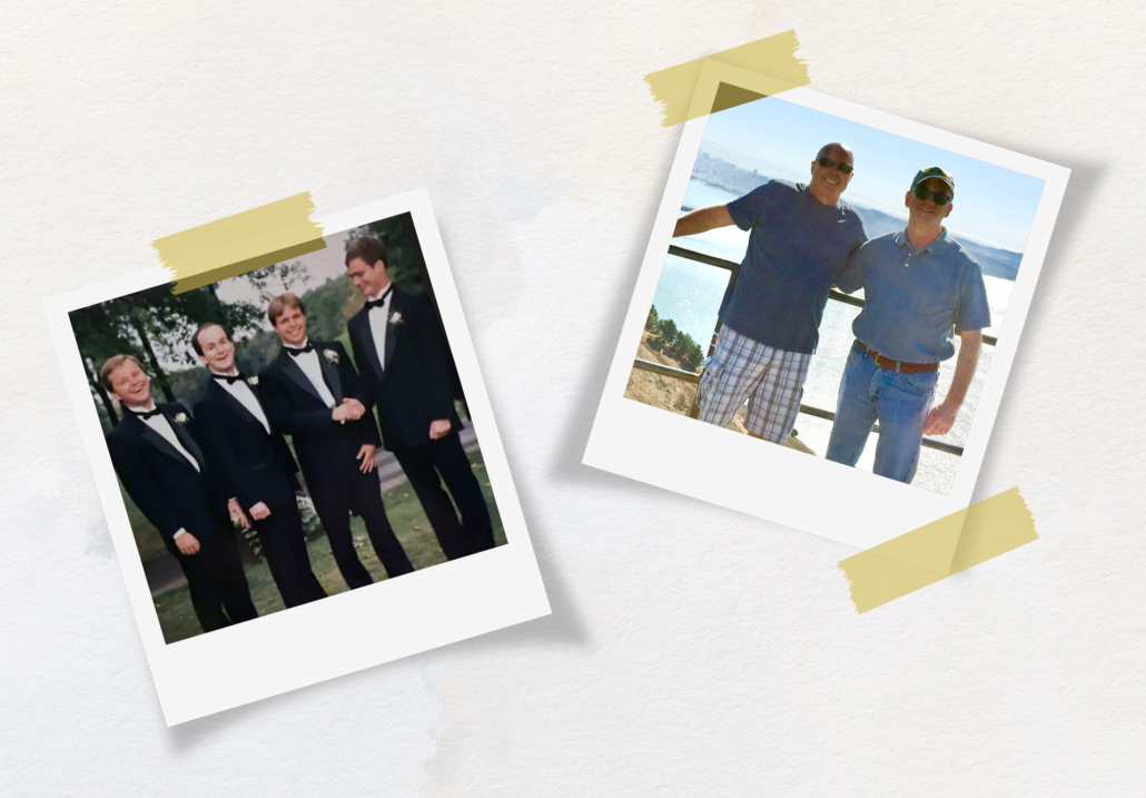 Two Polaroid photographs taped on a wall, of men posing for the camera
