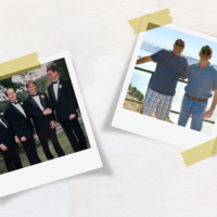 Two Polaroid photographs taped on a wall, of men posing for the camera