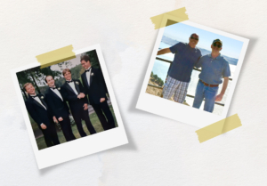Two Polaroid photographs taped on a wall, of men posing for the camera