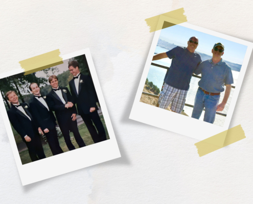 Two Polaroid photographs taped on a wall, of men posing for the camera
