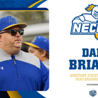 graphic of dan wearing a blue hat and windbreaker with text saying "Dan Briand, NECC assistant atheltics director and head baseball coach"