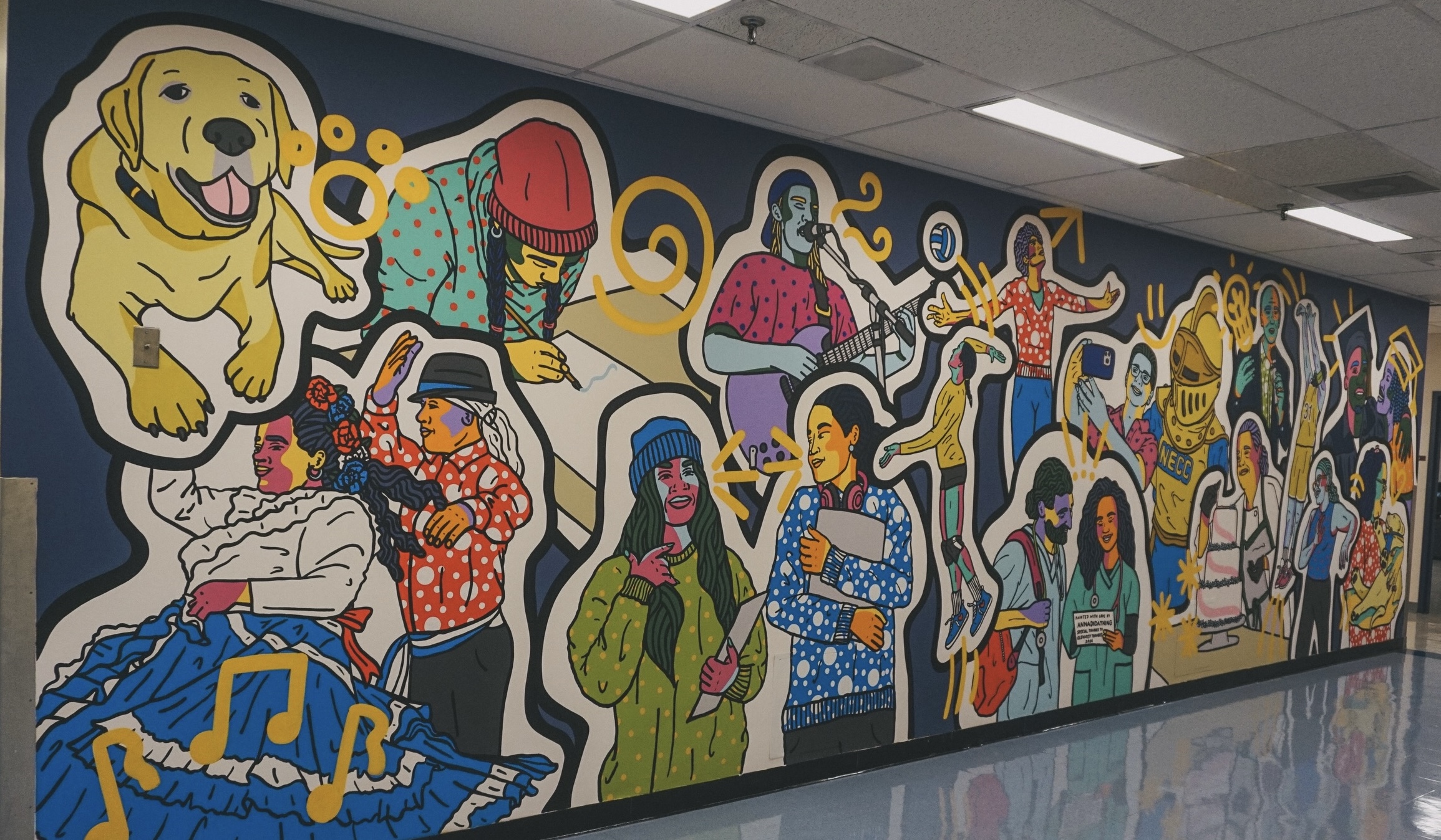 mural featuring sketch style depiction of students
