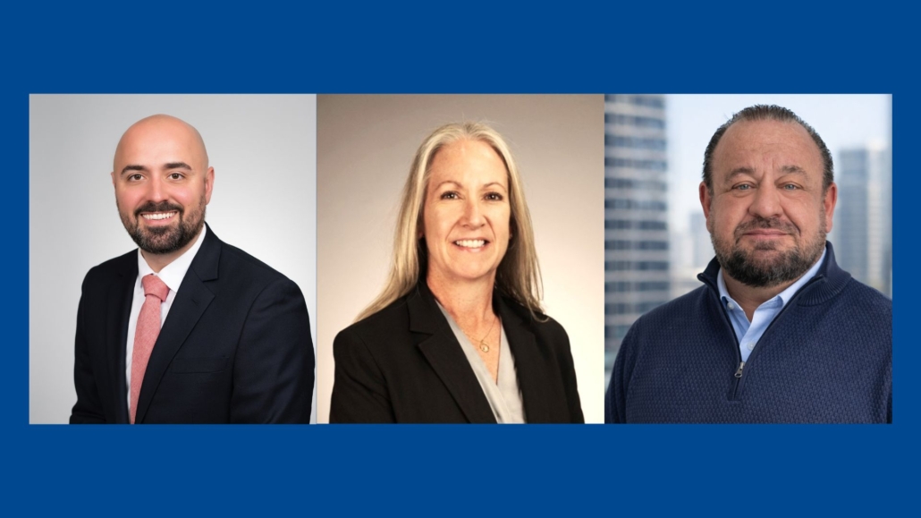 three headshots on a blue background