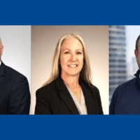 three headshots on a blue background