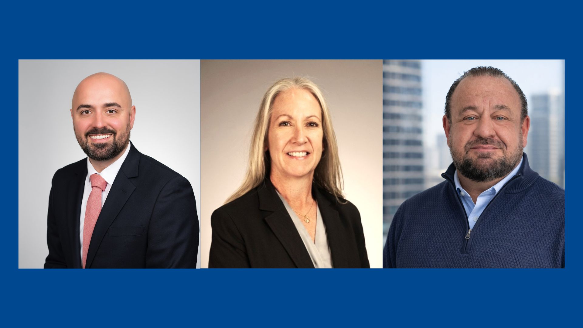 three headshots on a blue background