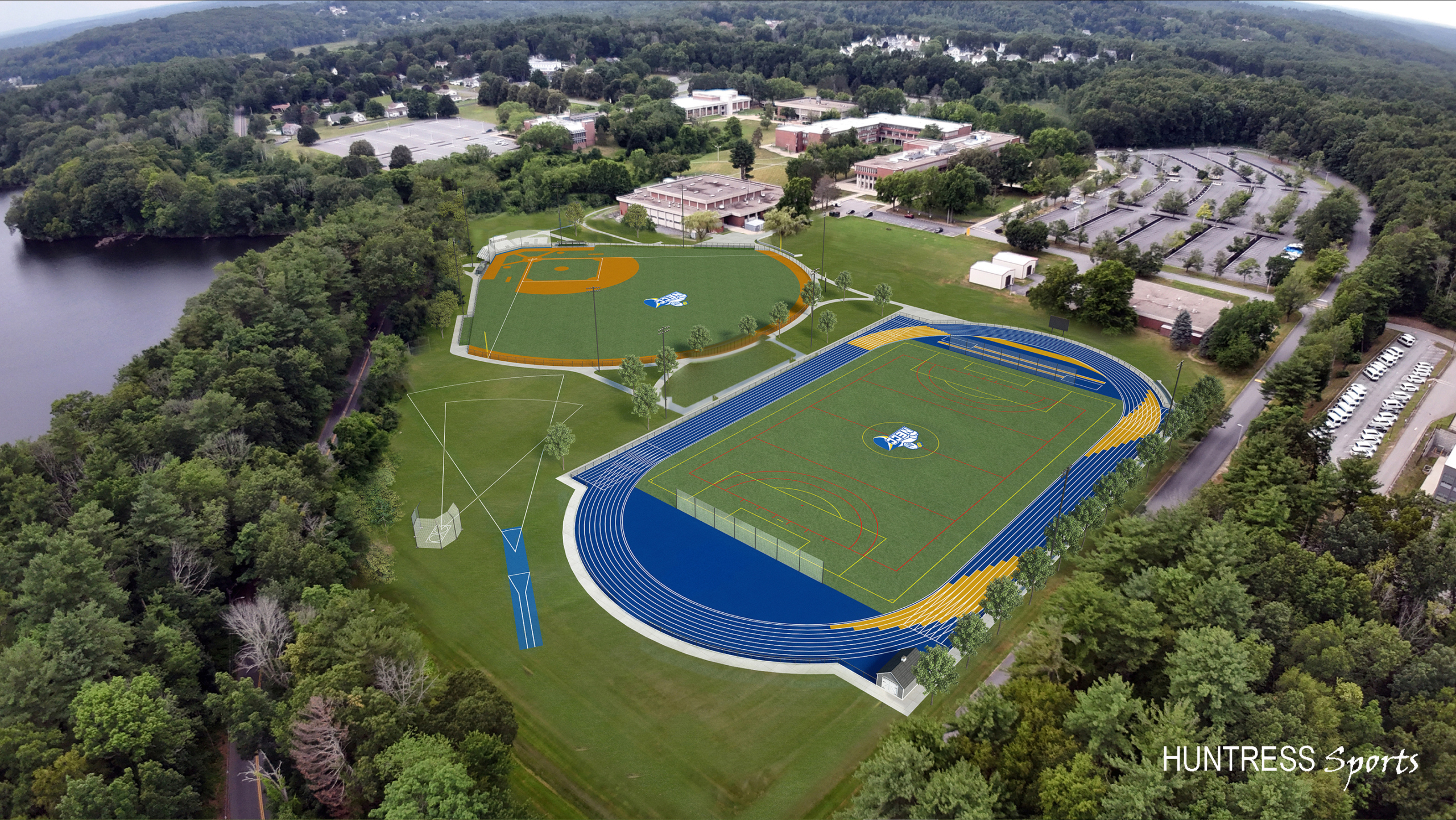 rendering of the new athletic field complex with bright blue track on the foreground and the baseball field behind it to the left