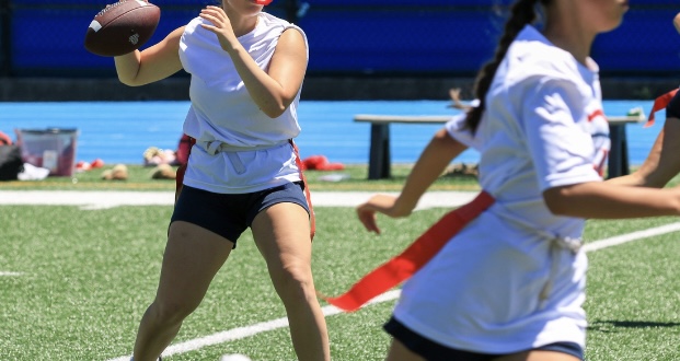 image of woman holding a football about to throw it