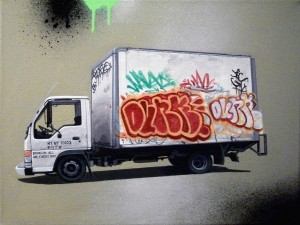 "WTF Delivery Truck" in acrylic & spray paint truck shot newsroom