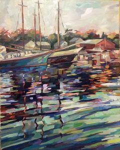 A painting showing Maine boats docked.