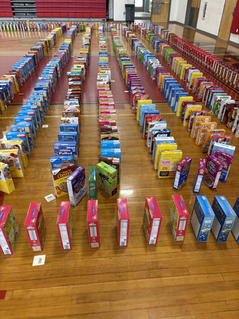 boxes of cereal are lined up like dominoes on a wood gym floor