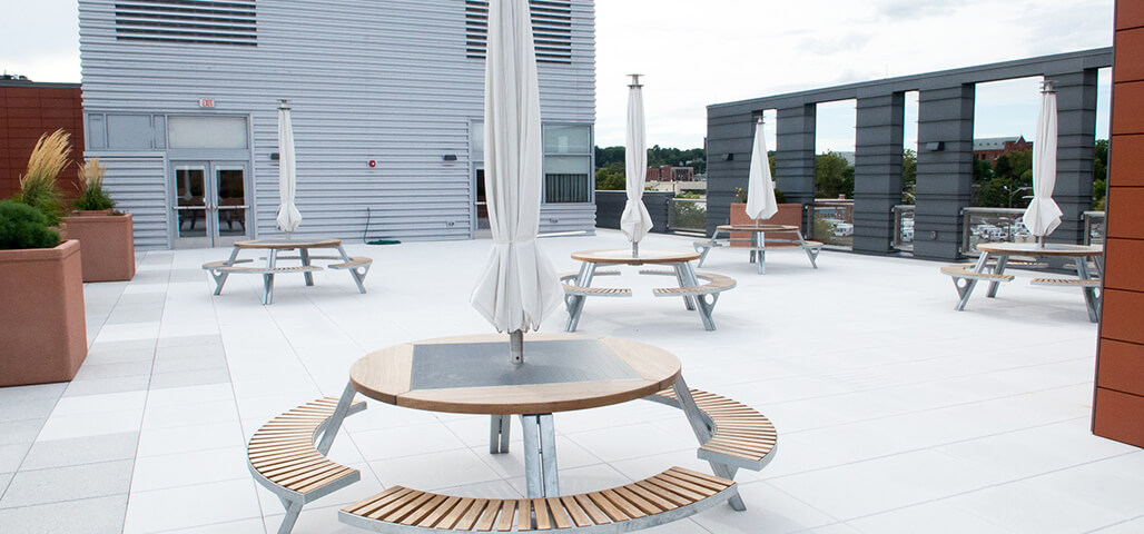 Outdoor patio with picnic tables