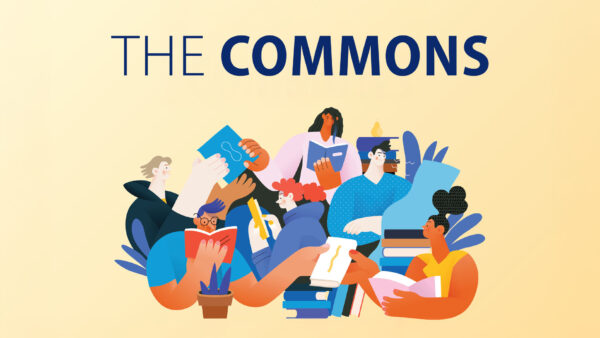 Banner for The Commons, featuring an illustration of cartoon students reading books and hanging out