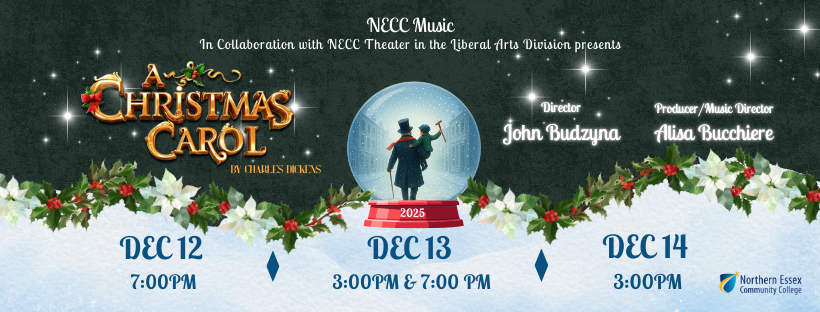 Banner of a Christmas Carol 2025, with Scrooge holding a child in a snowglobe and the Christmas Carol logo
