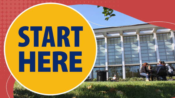 A graphic with the words Start Here including a photo of a group of students sitting around a table outside on the Haverhill campus in summer