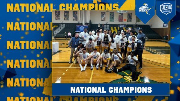 National Champions chiclet, featuring the men's basketball team posing with a trophy