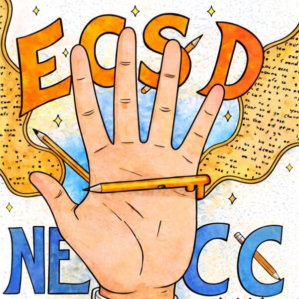 An illustration of a hand with a pencil in it shaped like a key with the text ECSD NECC