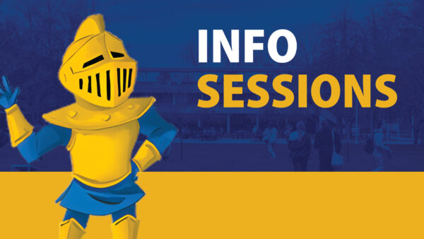 An illustration of the NECC Knight waving, overlayed ont op of a washed out shot of the Haverhill campus with the text Info Sessions on top