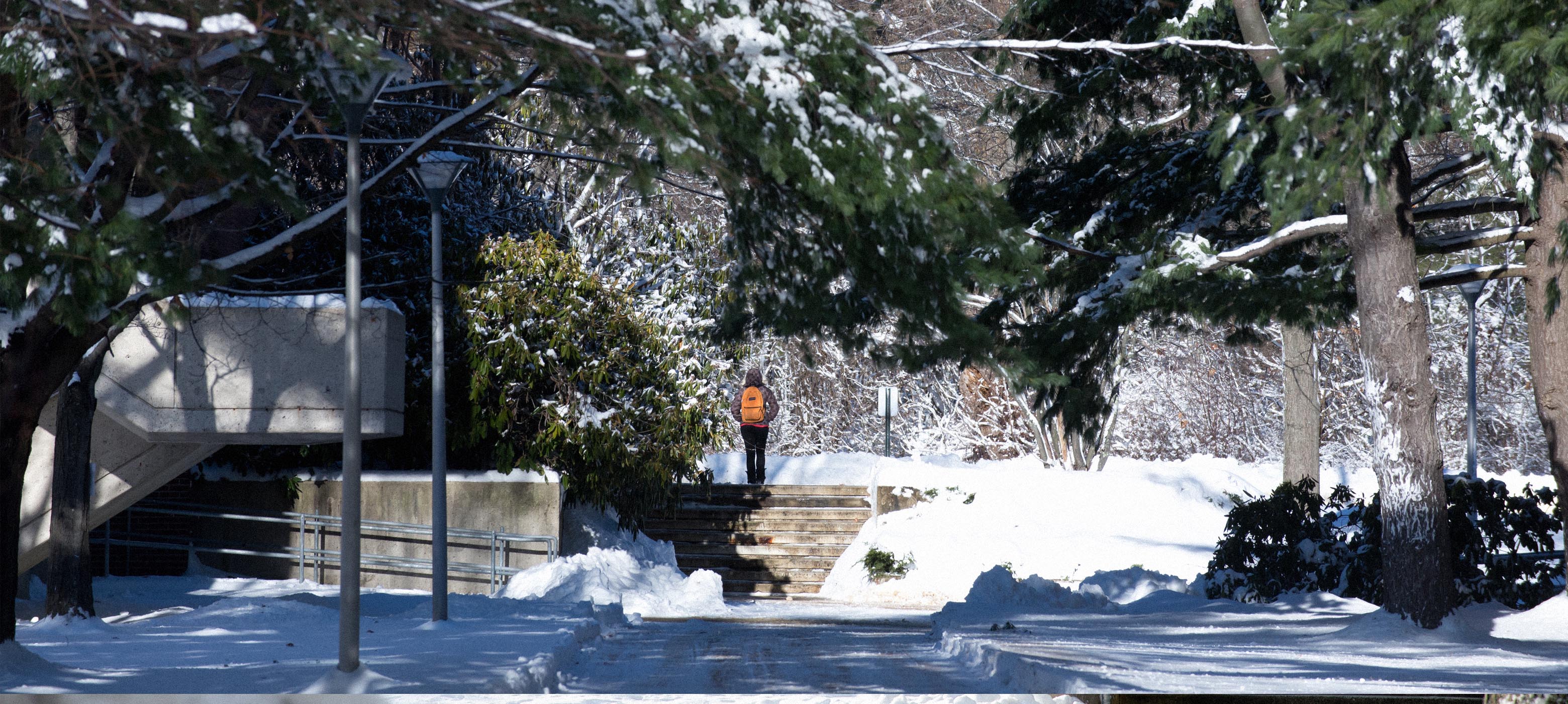 The Haverhill campus surrounded by freshly fallen snow with a student walking away from the camera in the middle of the frame