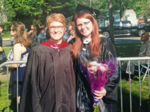 Graduate Samantha Smith (right in photo) celebrates with her Professor, Luce Aubry.