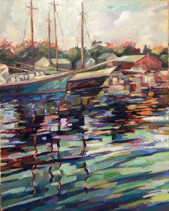 A painting showing Maine boats docked.
