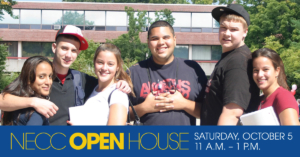 NECC Students standing outside on a fall day smile at the camera. 