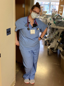 photo of Jennifer Osgood in facemask and scrubs surrounded by respiratory care